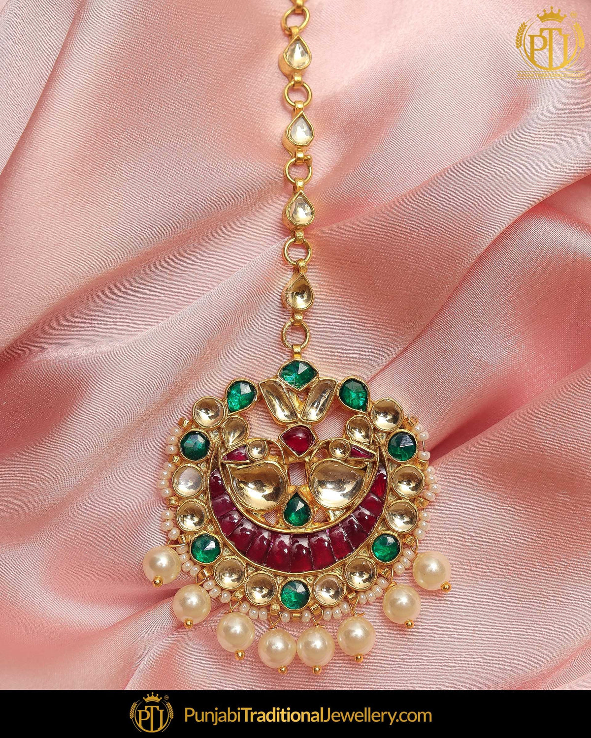 Gold Finished Rubby Emerald Kundan Pearl Tikka | Punjabi Traditional Jewellery Exclusive