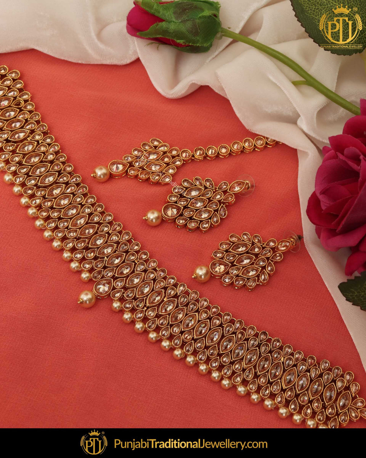 Gold Finished Champagne Stone Pearl Choker Necklace Set  | Punjabi Traditional Jewellery Exclusive