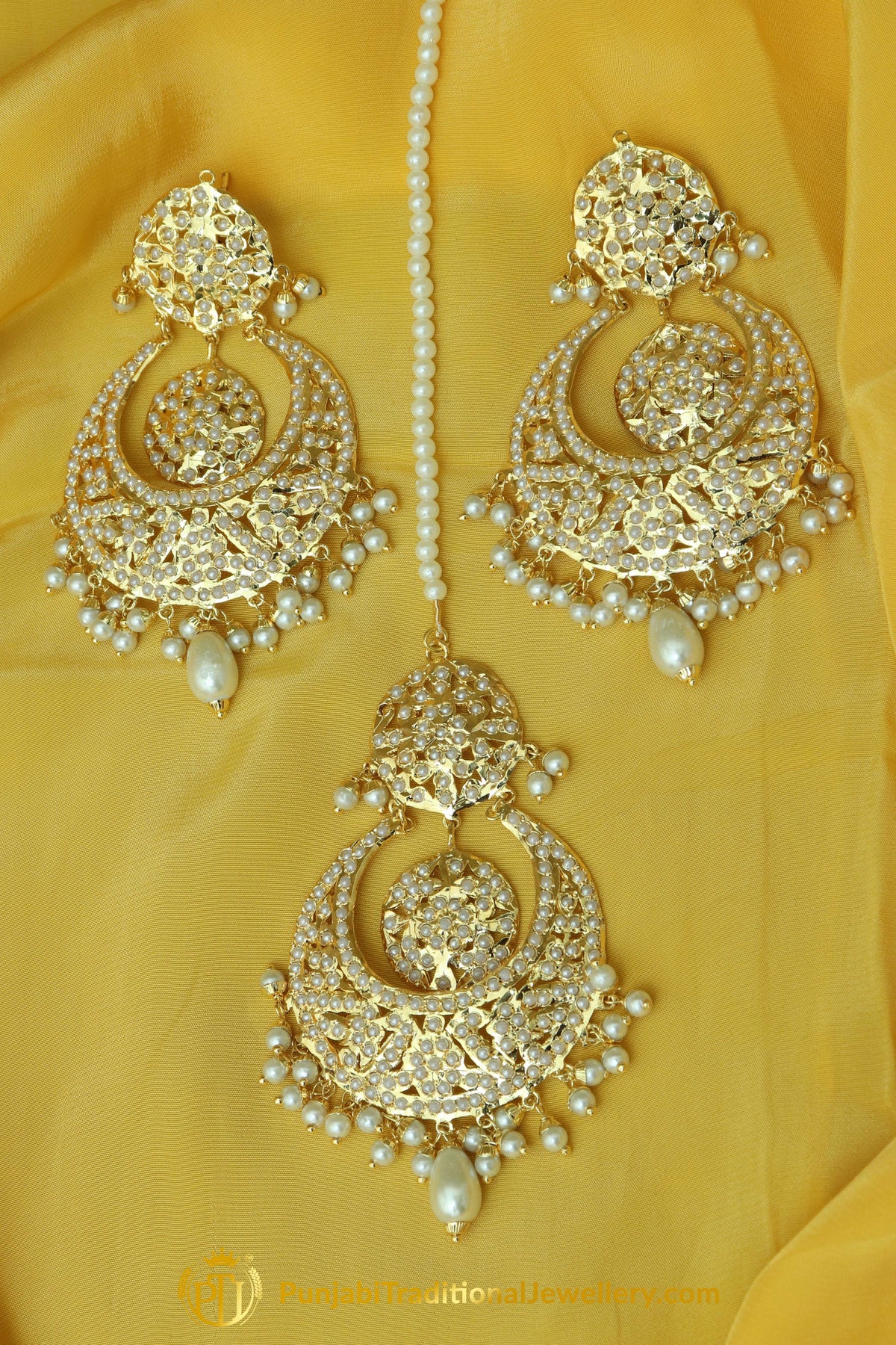 Hafeezah Gold Finished Jadau Earrings With Tikka | Punjabi Traditional Jewellery Exclusive