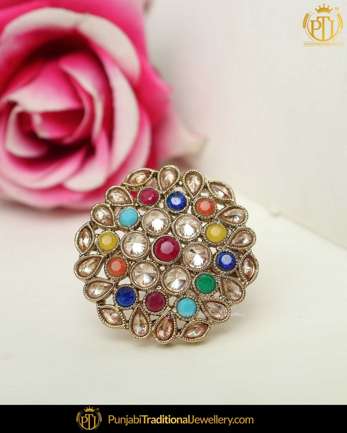 Gold Finished Navratan Champagne Stone Ring | Punjabi Traditional Jewellery Exclusive