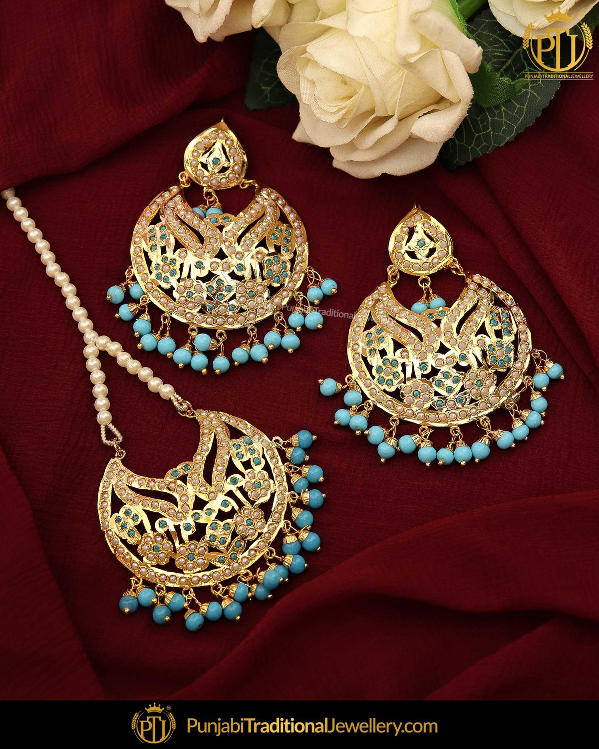Gold Finished Firozi Jadau Pearl Earring Tikka Set  | Punjabi Traditional Jewellery Exclusive