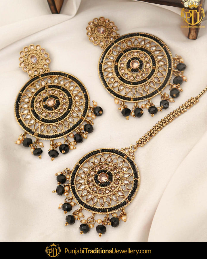 Antique Gold Finished Pearl Black Champagne Stone Earring Tikka Set | Punjabi Traditional Jewellery Exclusive