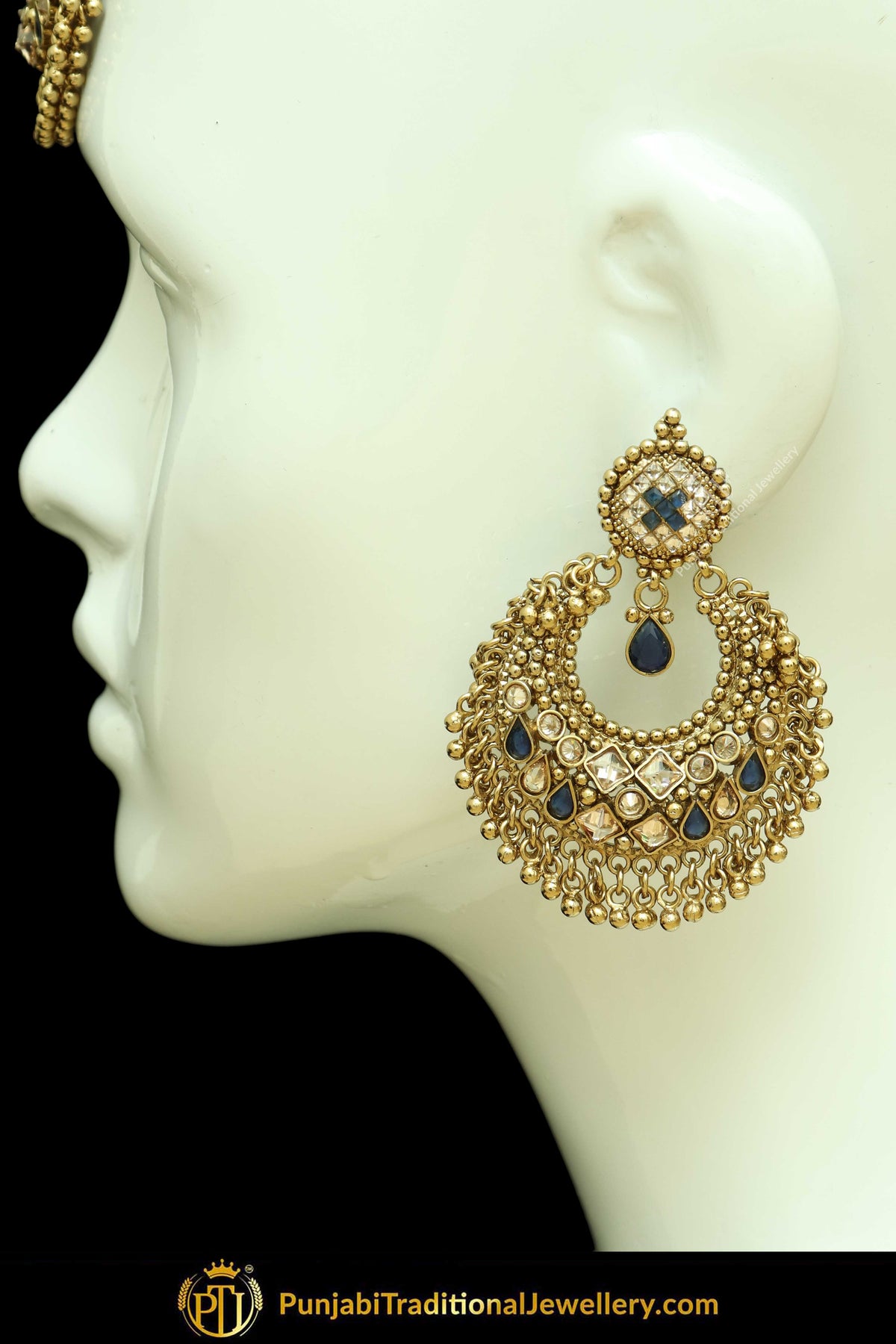 Antique Gold Finised Champagne Stone Blue Earring Tikka Set By Punjabi Traditional Jewellery