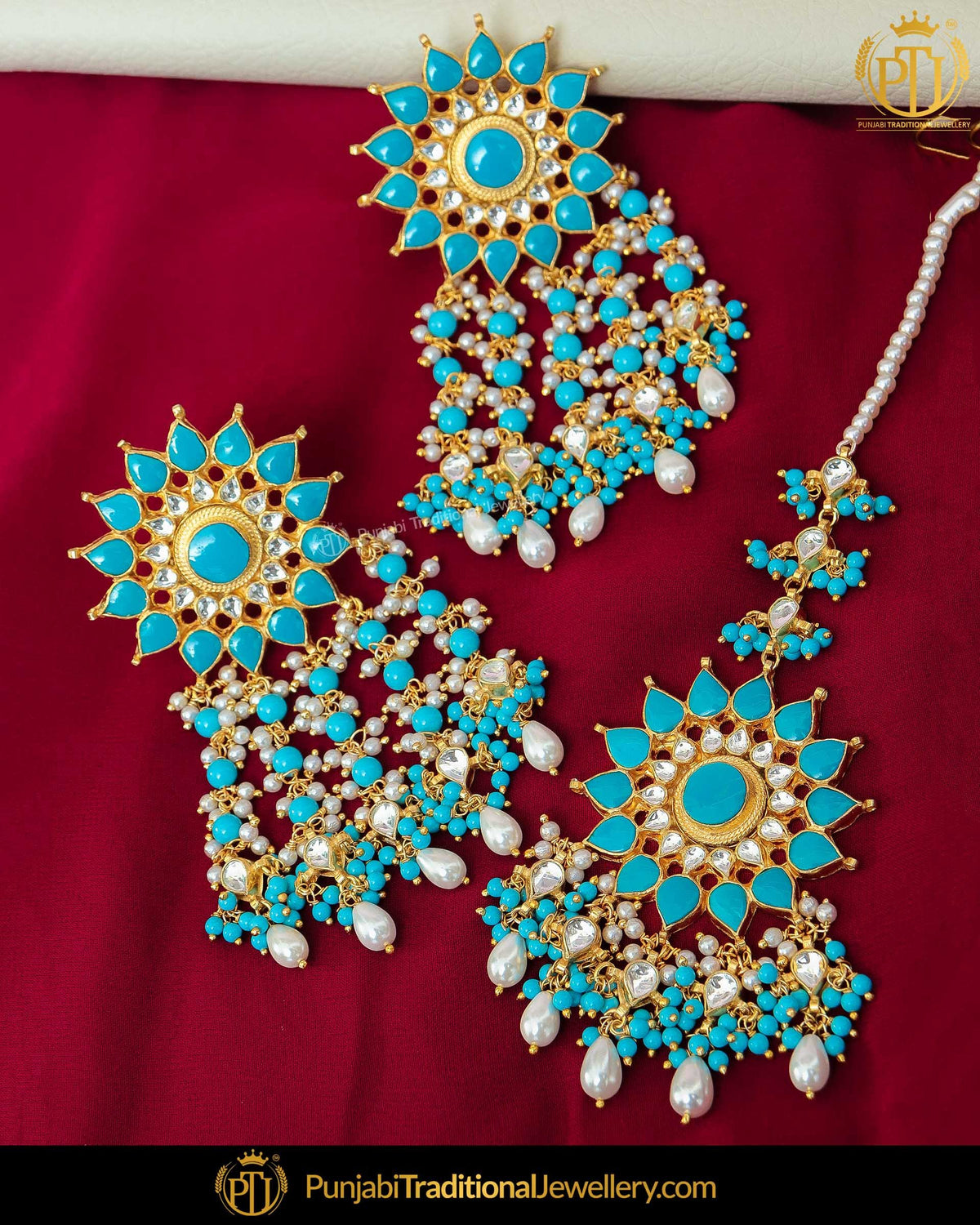 Gold Finished Firozi Kundan Earring Tikka Set | Punjabi Traditional Jewellery Exclusive