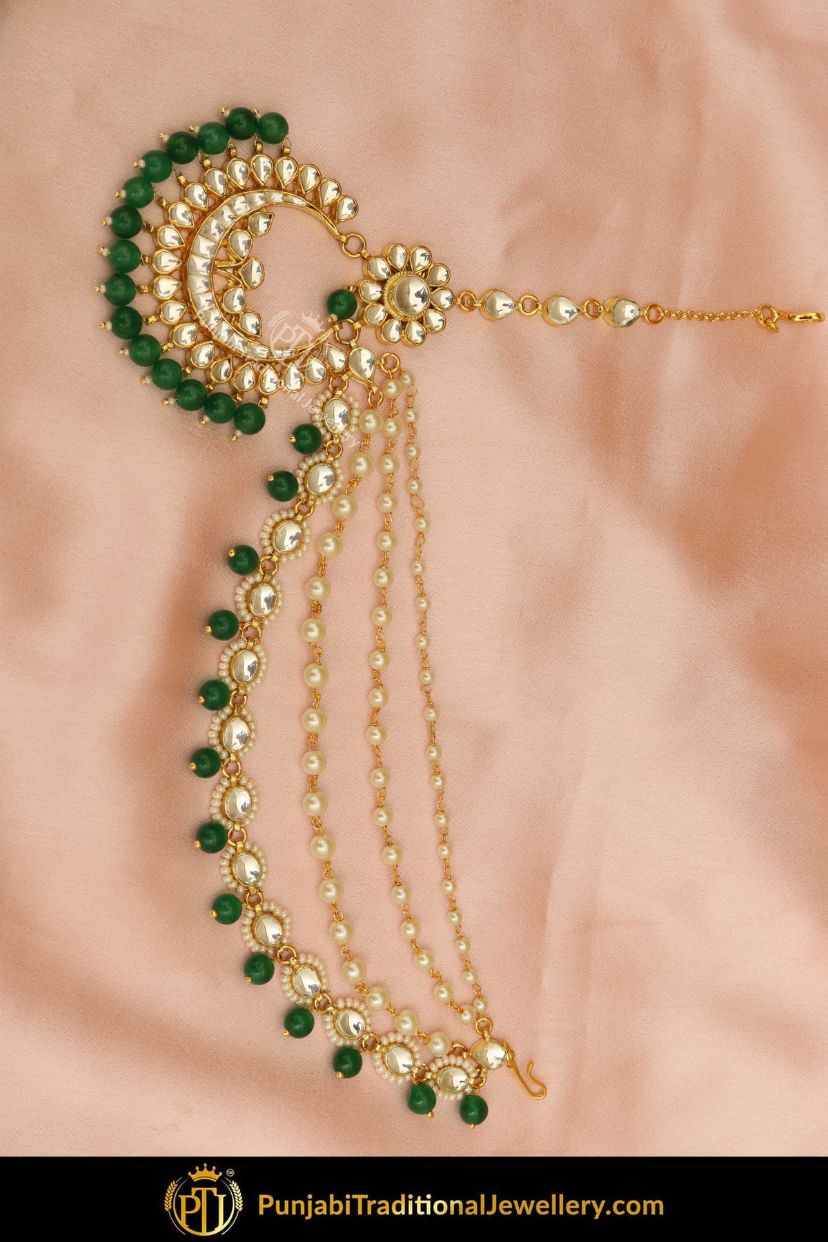 Gold Finished Kundan Emerald Matha Patti | Punjabi Traditional Jewellery Exclusive