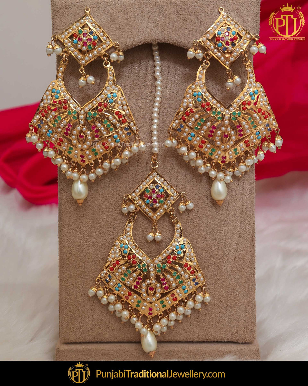 Gold Finished Jadau Multi Earring Tikka Set | Punjabi Traditional Jewellery Exclusive
