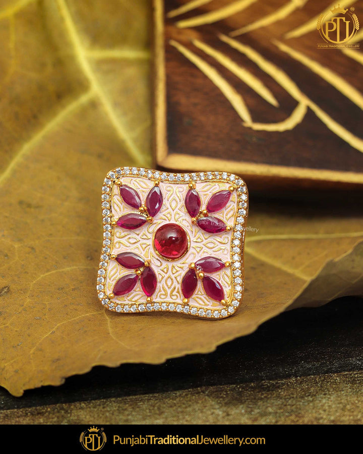Hand Painted Pink Meena Rubby Kundan Ring | Punjabi Traditional Jewellery Exclusive