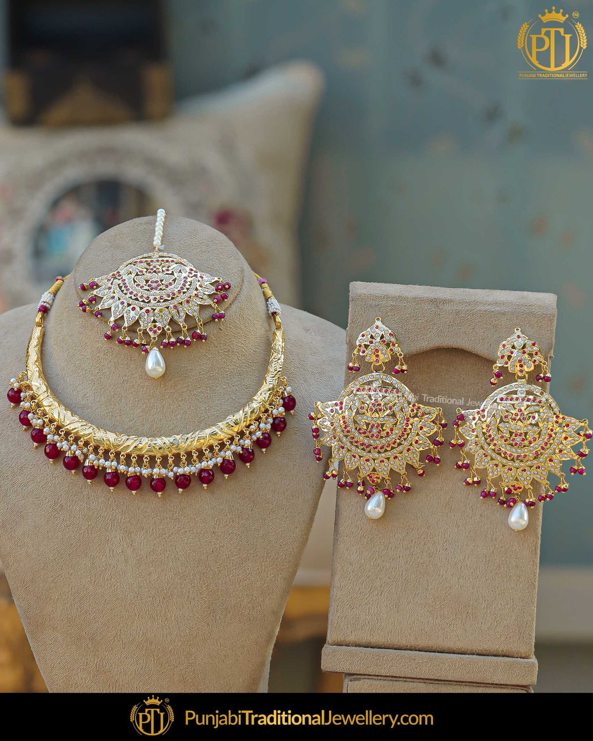 Gold Finished Jadau Pearl Rubby Hasli Necklace Set | Punjabi Traditional Jewellery Exclusive
