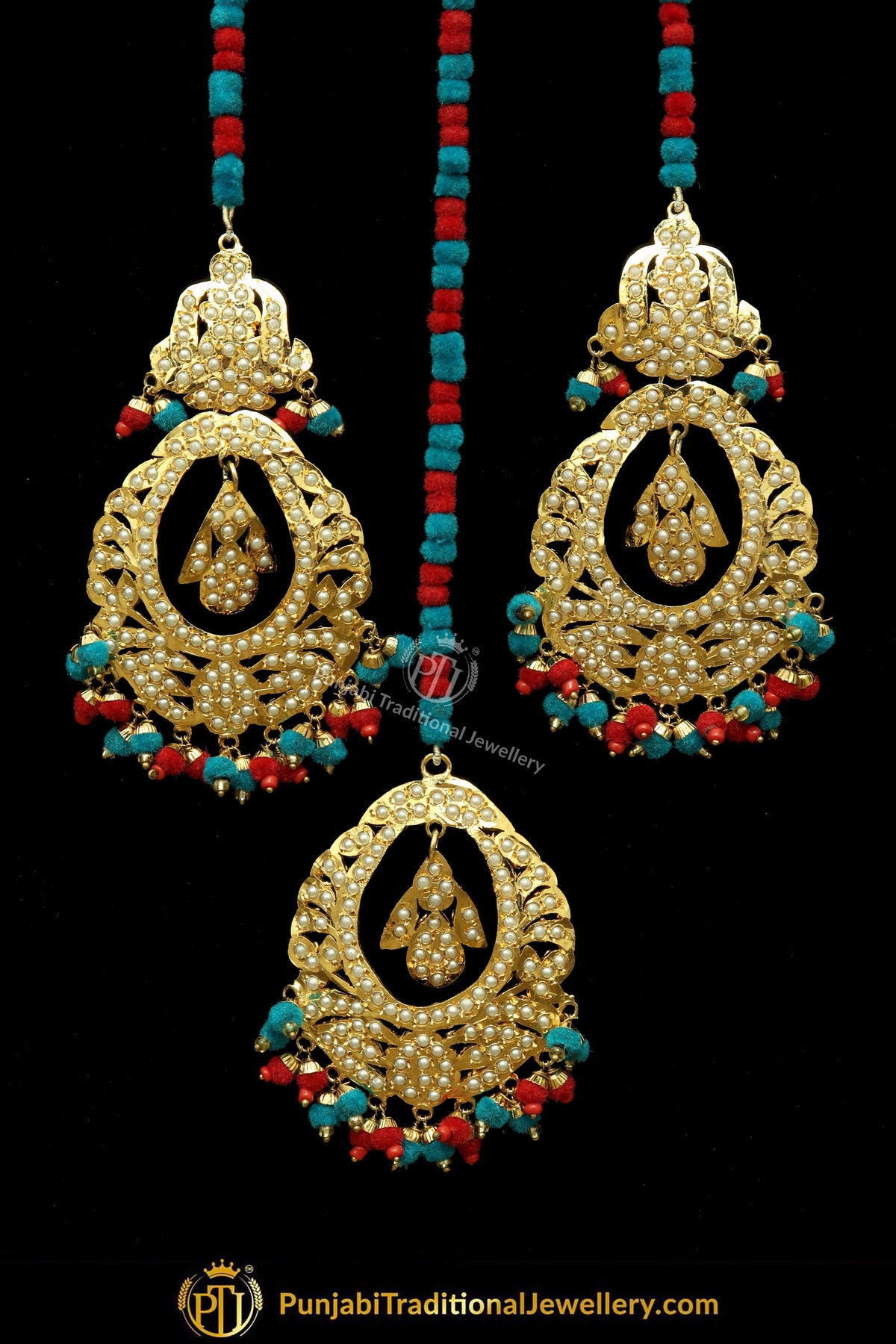 Gold Finished Pink & Red Jadau Pearl Earring Tikka Set | Punjabi Traditional Jewellery Exclusive