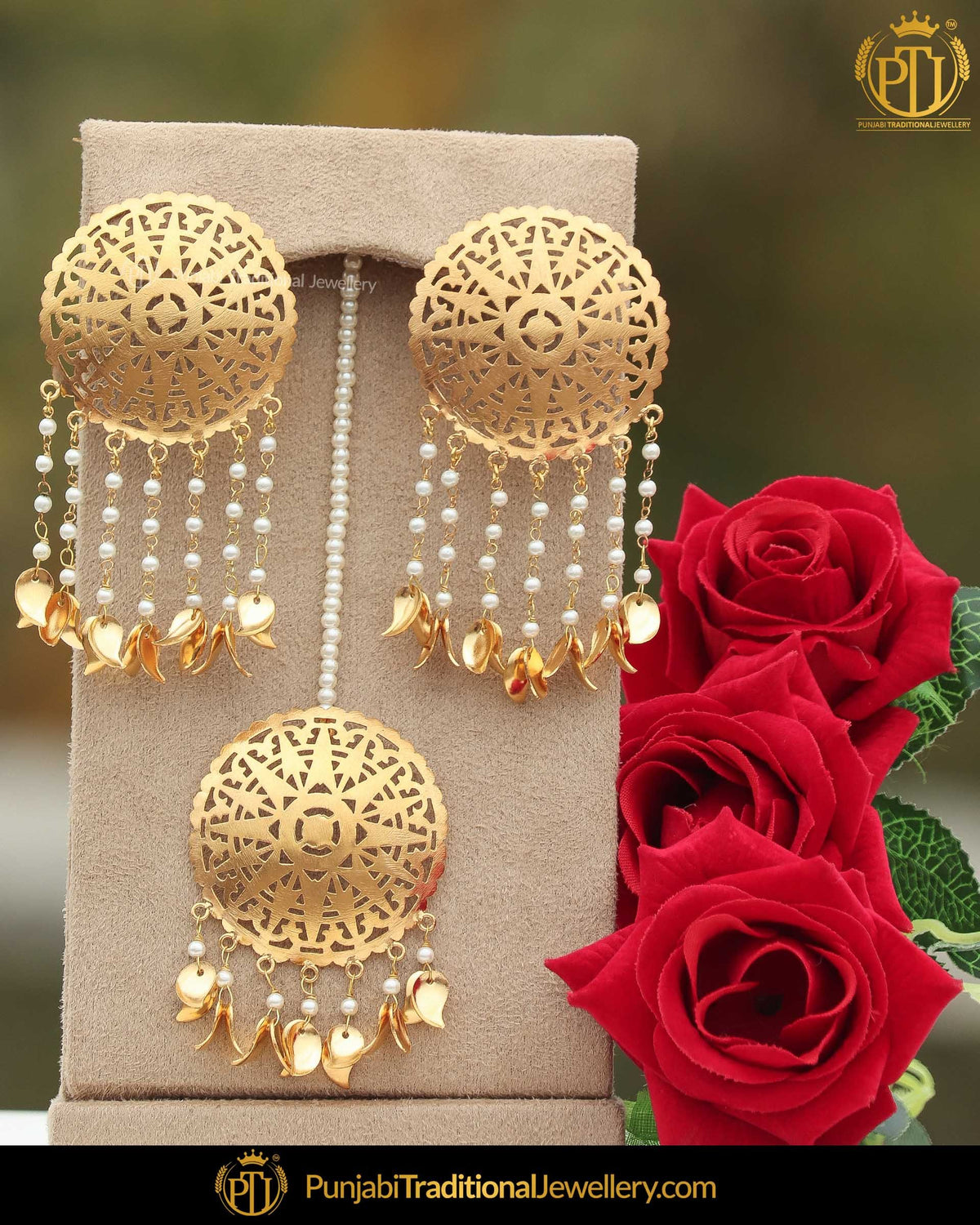 Gold Finished Pippal Patti Patra Stud Earring Tikka Set | Punjabi Traditional Jewellery Exclusive