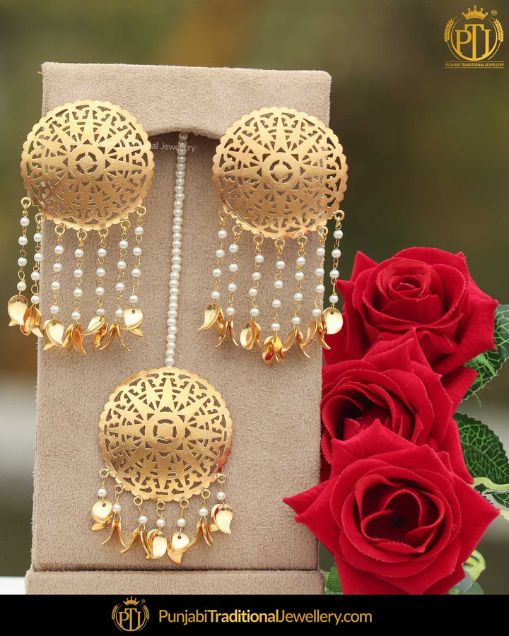Gold Finished Pippal Patti Patra Stud Earring Tikka Set | Punjabi Traditional Jewellery Exclusive