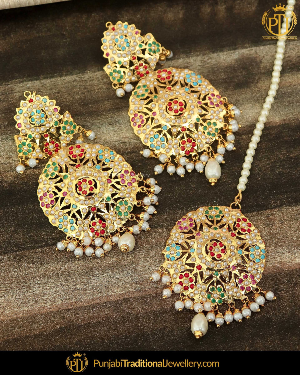 Gold Finished Navratan Jadau Earring Tikka Set | Punjabi Traditional Jewellery Exclusive