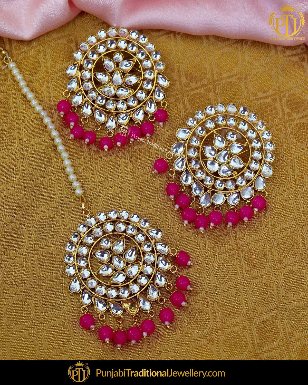 Gold Finished Kundan Pink Stud  Earring Tikka Set By Punjabi Traditional Jewellery