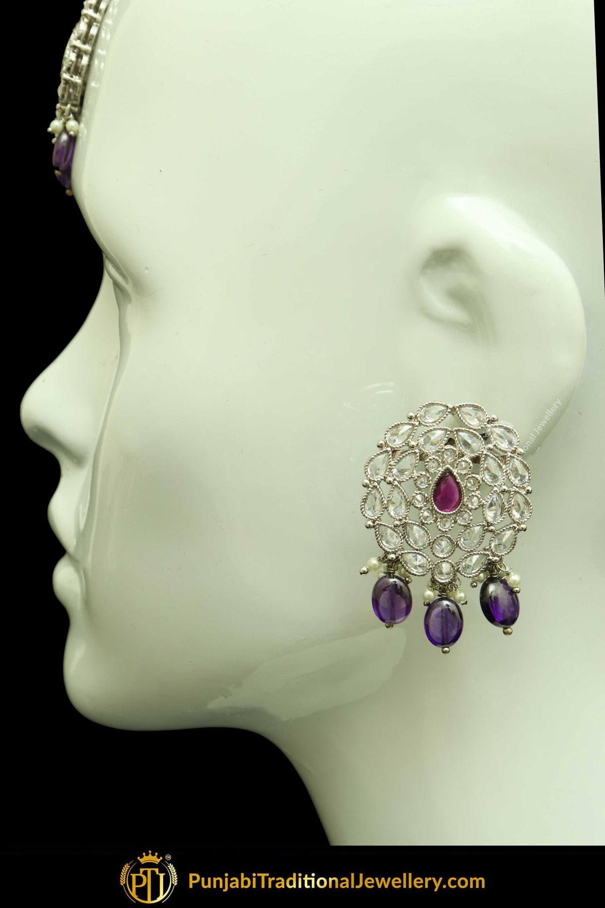 Silver Finished Polki Stone Blue Drops Oversized Stud Earrings & Tikka Set By Punjabi Traditional Jewellery