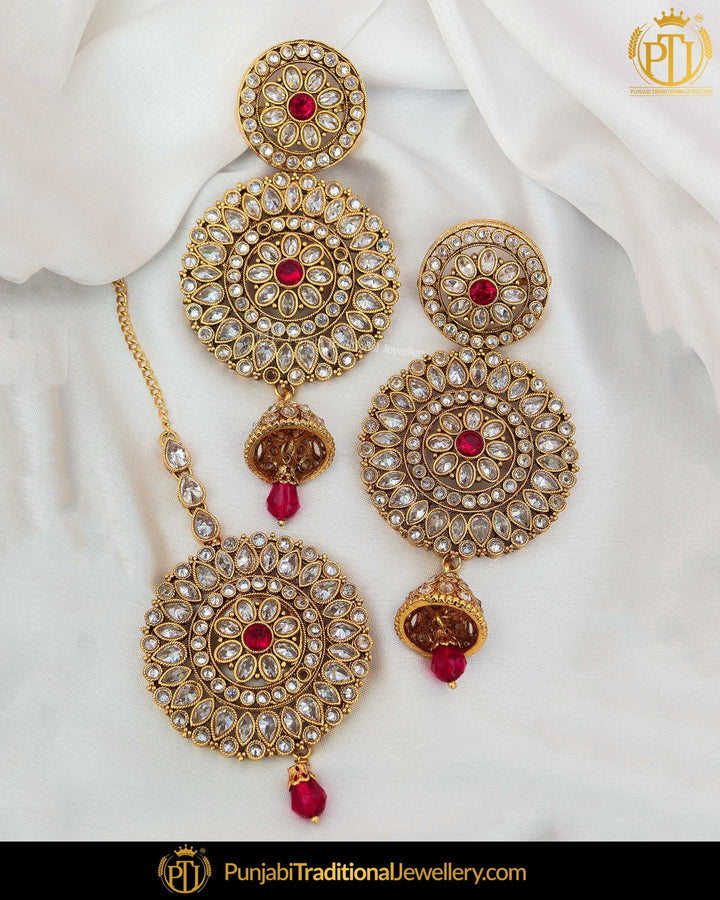 Gold Finished Polki Stone Rubby Pearl Earring Tikka Set | Punjabi Traditional Jewellery Exclusive