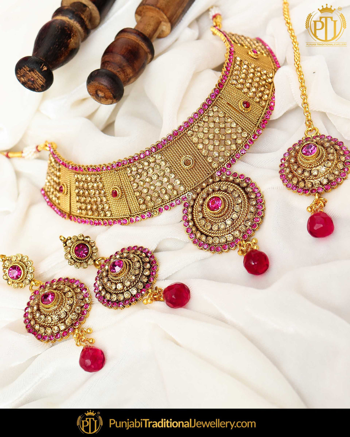 Gold Finished Pink Polki Stone Pearl Choker Johda Necklace Set  | Punjabi Traditional Jewellery Exclusive