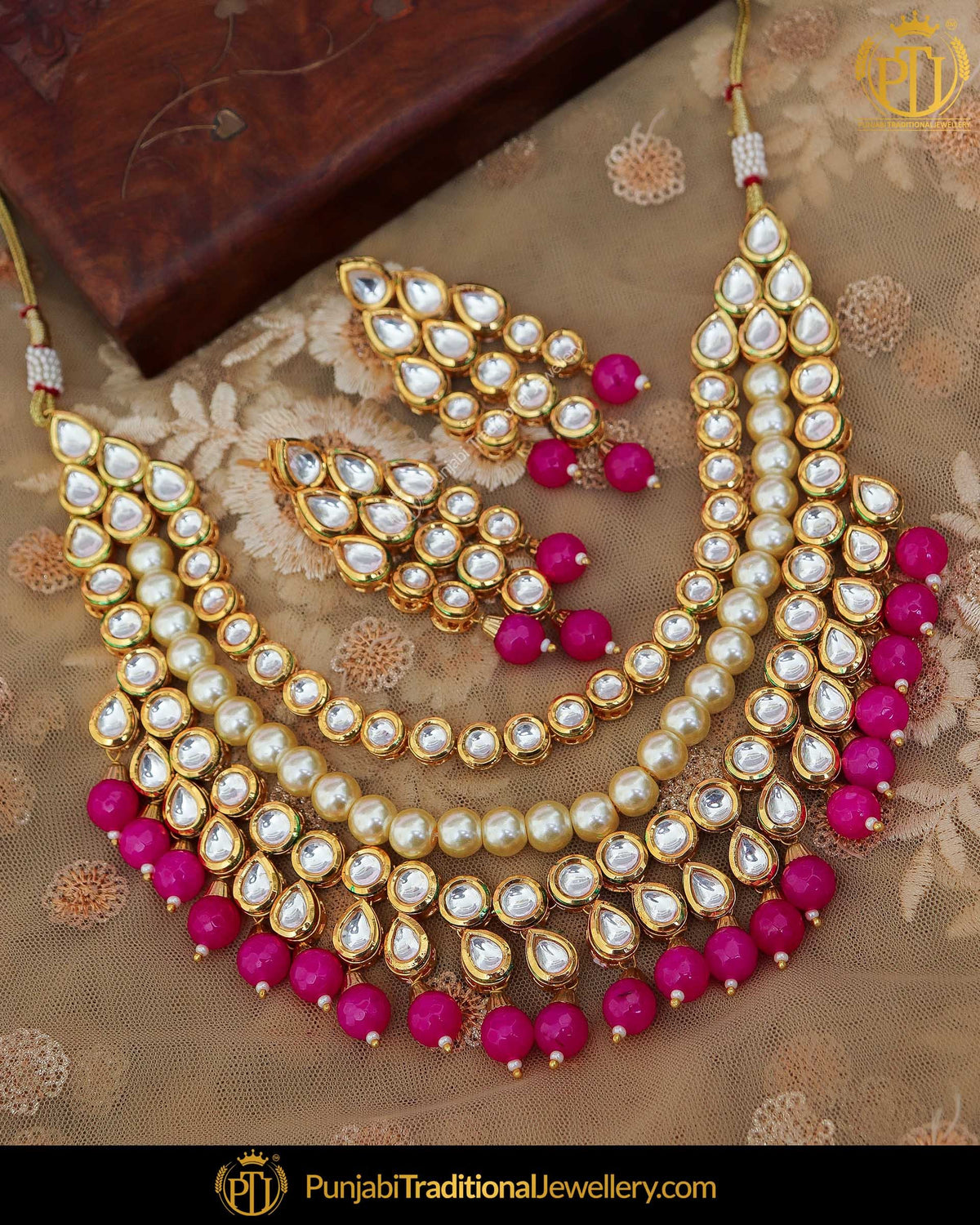 Gold Finished Pink Pearl Kundan Necklace Set | Punjabi Traditional Jewellery Exclusive