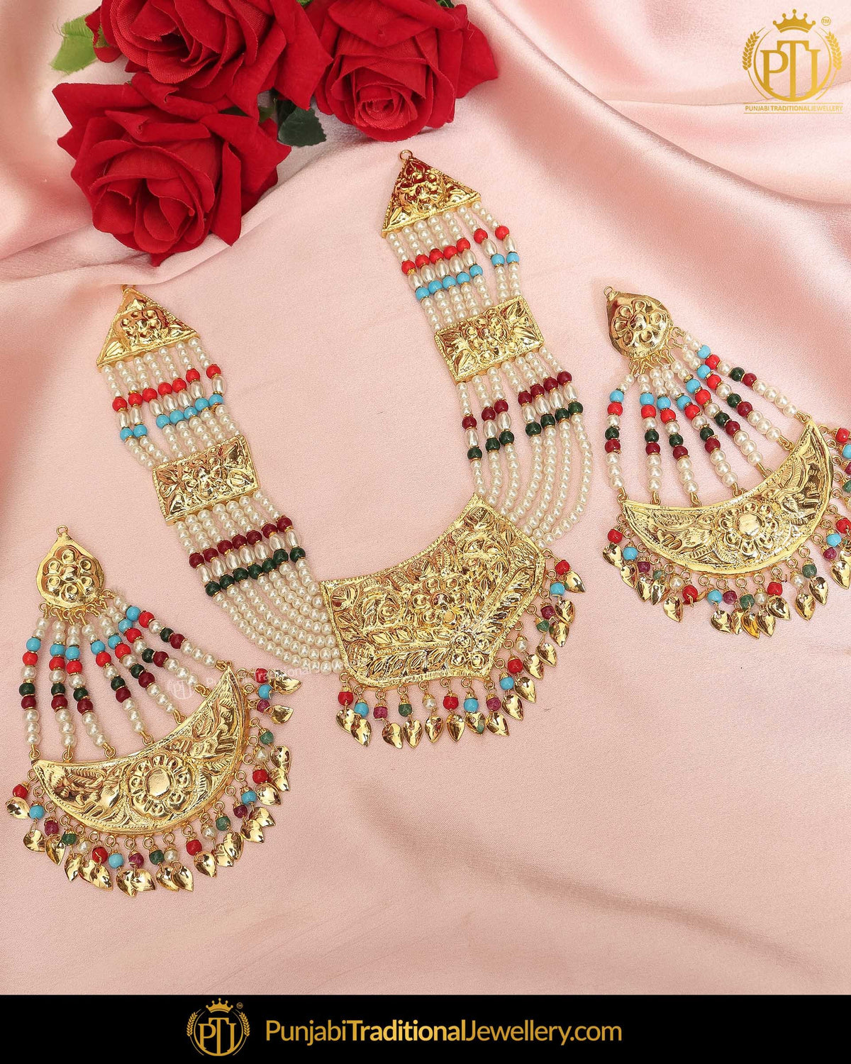 Gold Finished Pippal Patti Pearl Patra Red Emerald Necklace Set | Punjabi Traditional Jewellery Exclusive