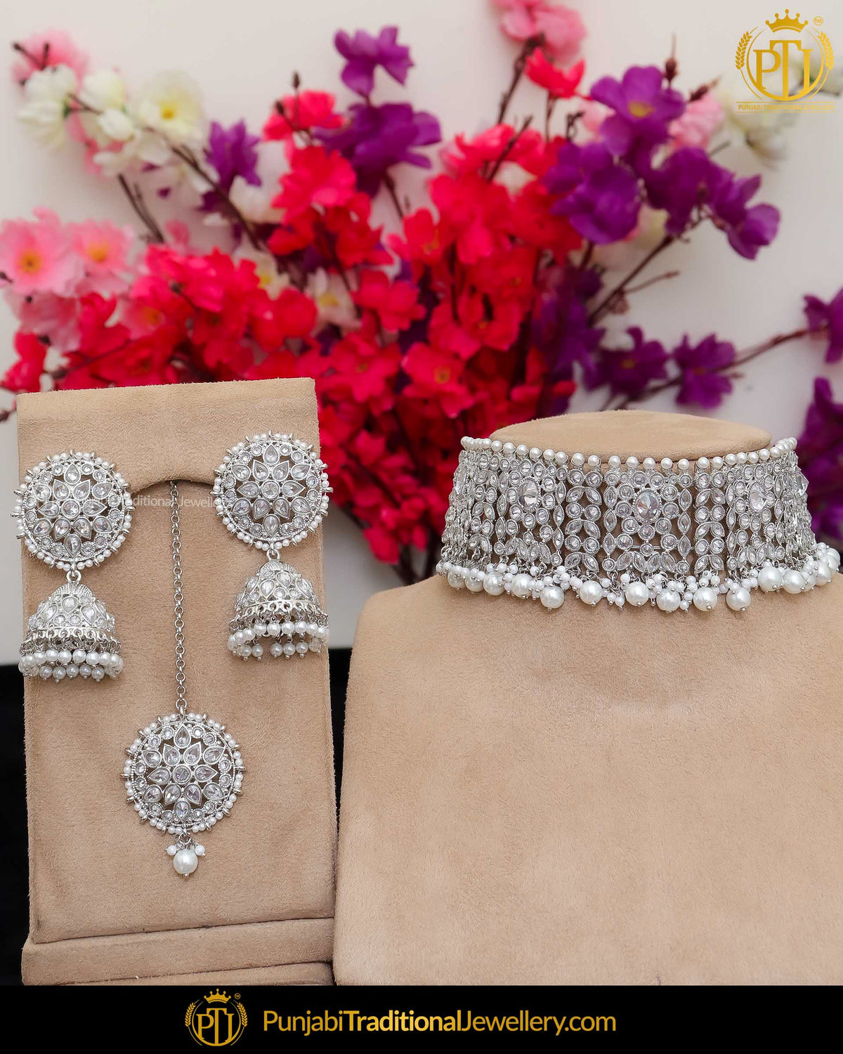 Silver Finished Polki Choker Pearl Necklace Set | Punjabi Traditional Jewellery Exclusive