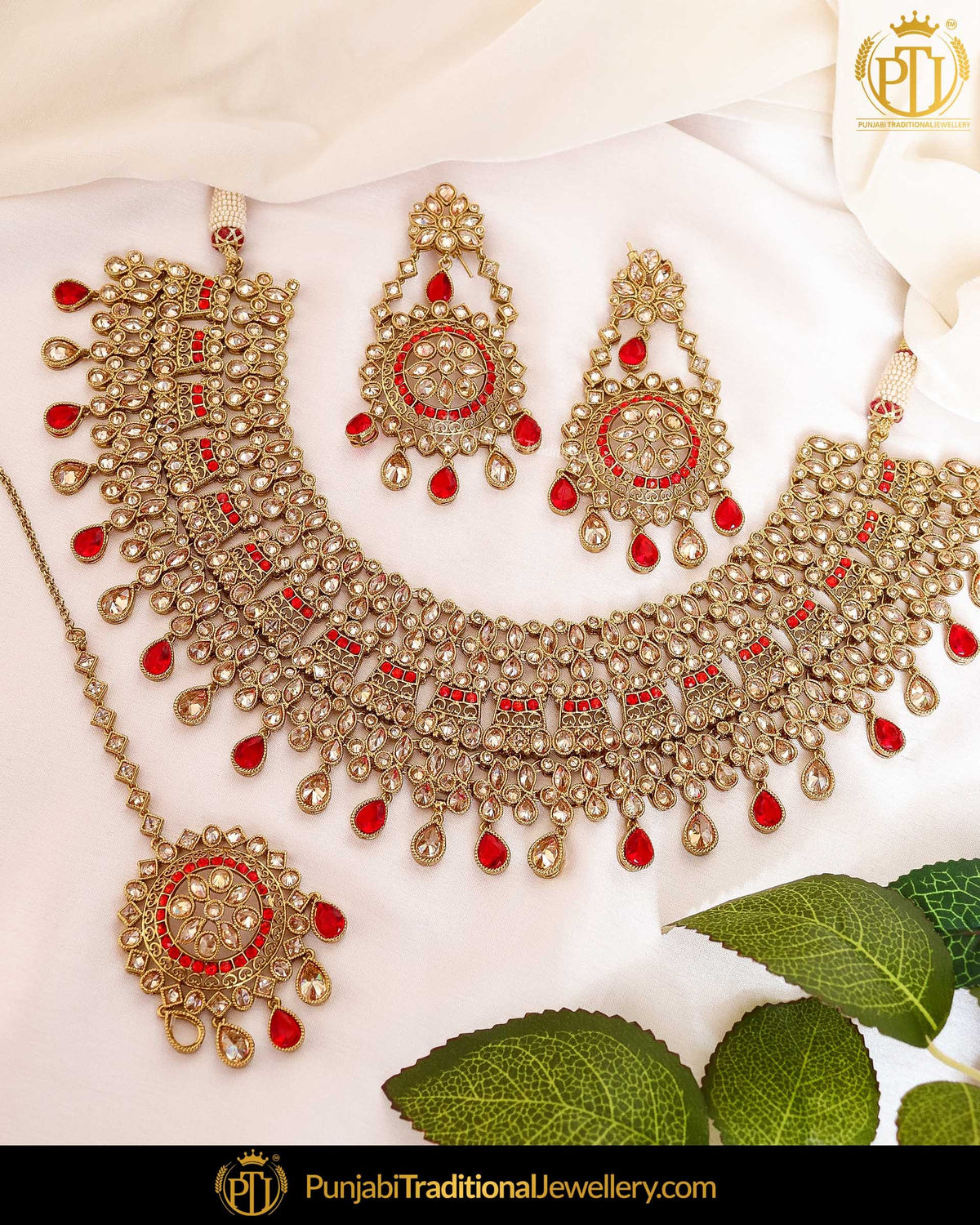 Antique Gold Finished Rubby Chamapgne Stone Necklace Set | Punjabi Traditional Jewellery Exclusive