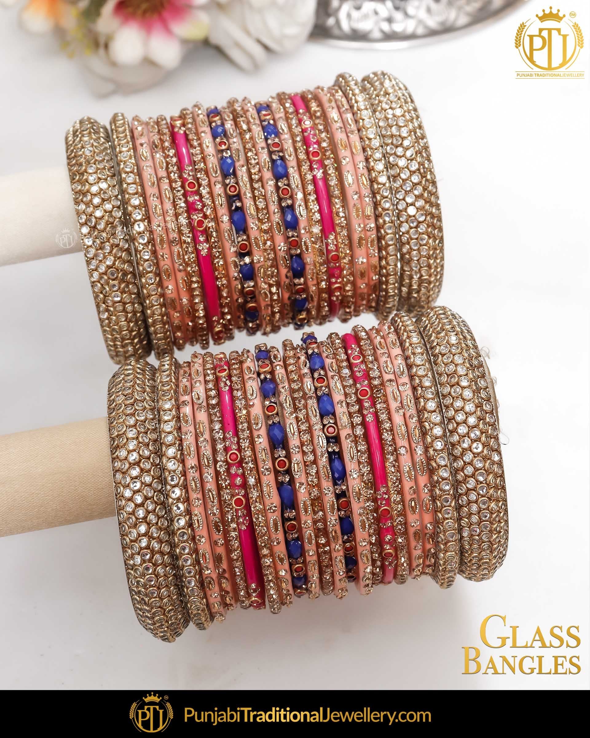 Peach Kundan (For Both Hands) Glass Bangles Set | Punjabi Traditional Jewellery Exclusive