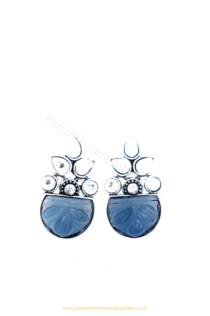 Oxidised Blue Kundan Studs By PTJ
