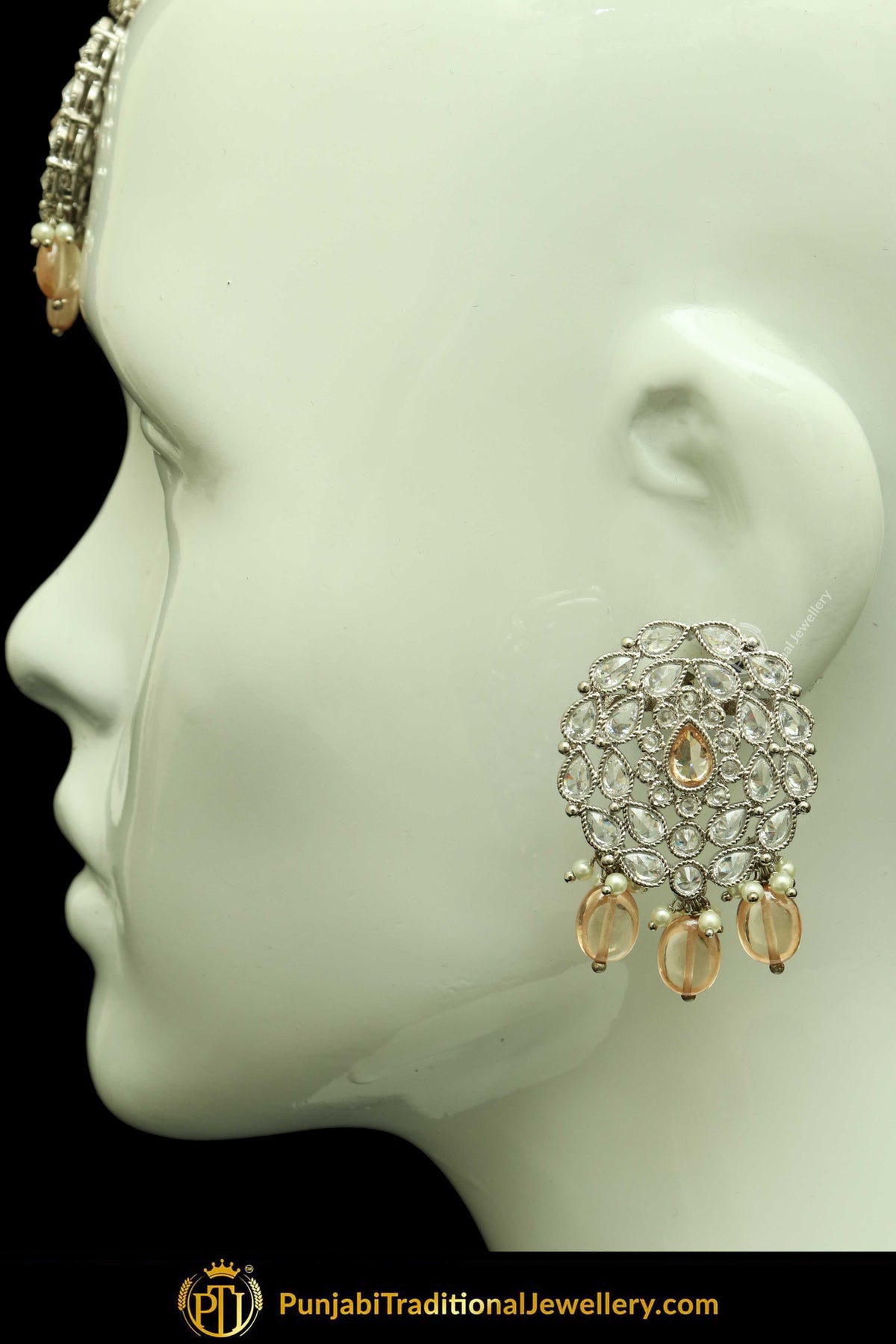 Silver Finished Polki Stone Peach Oversized Stud Earrings & Tikka Set By Punjabi Traditional Jewellery