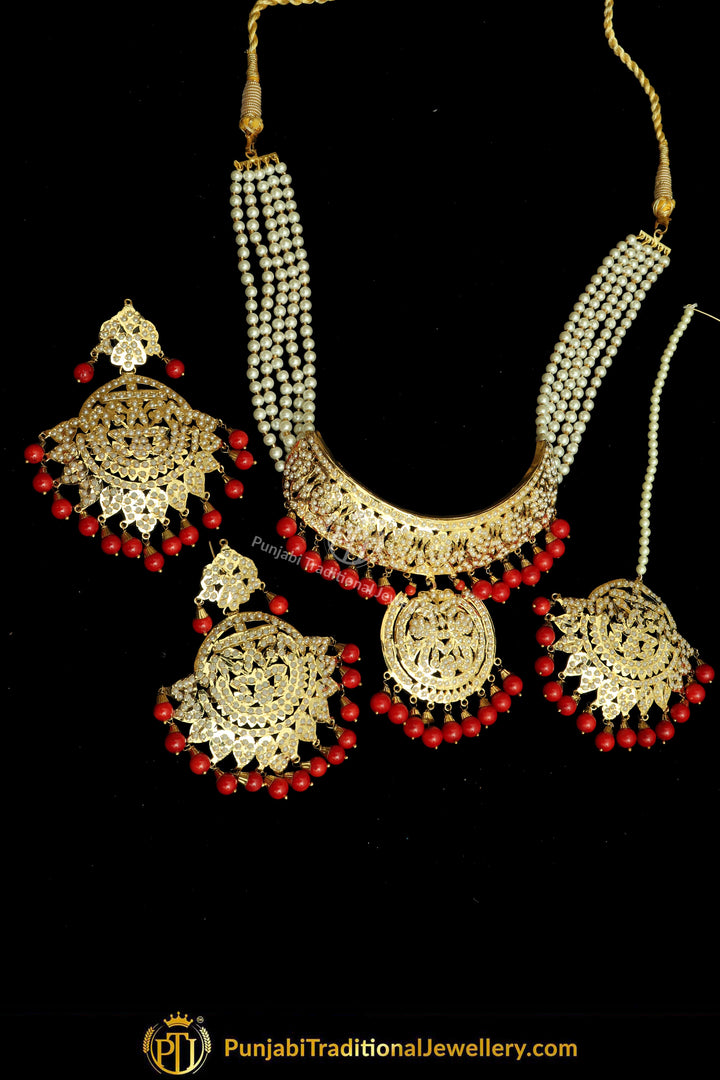 Gold Finished Red Jadau Choker Necklace Set | Punjabi Traditional Jewellery Exclusive