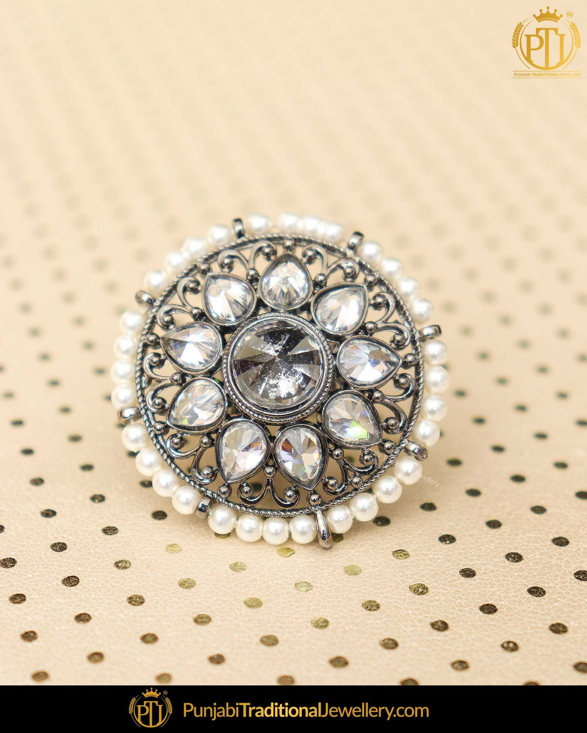 Silver Finished Polki Stone Ring | Punjabi Traditional Jewellery Exclusive