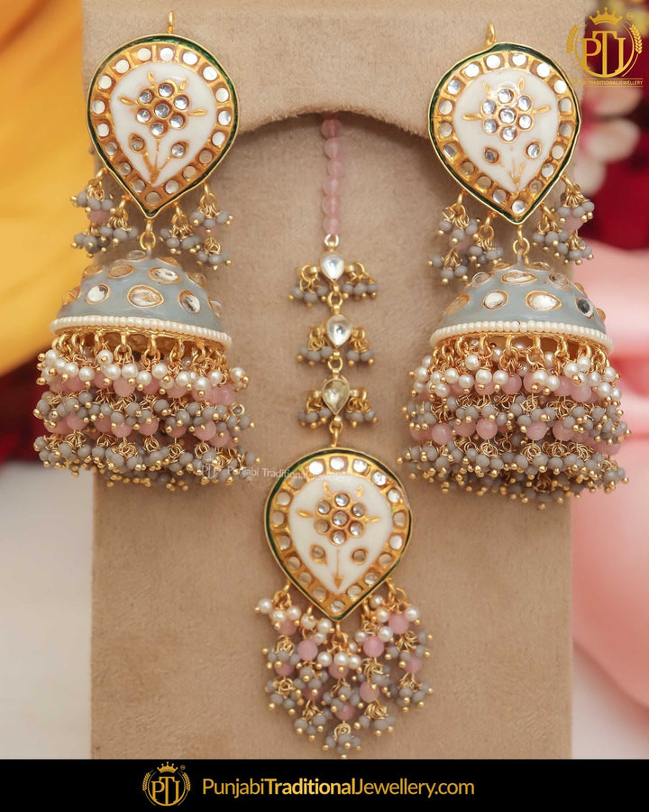 Hand Painted Meena Kundan Pearl Gray Peach Sahare Earrings & Tikka | Punjabi Traditional Jewellery Exclusive