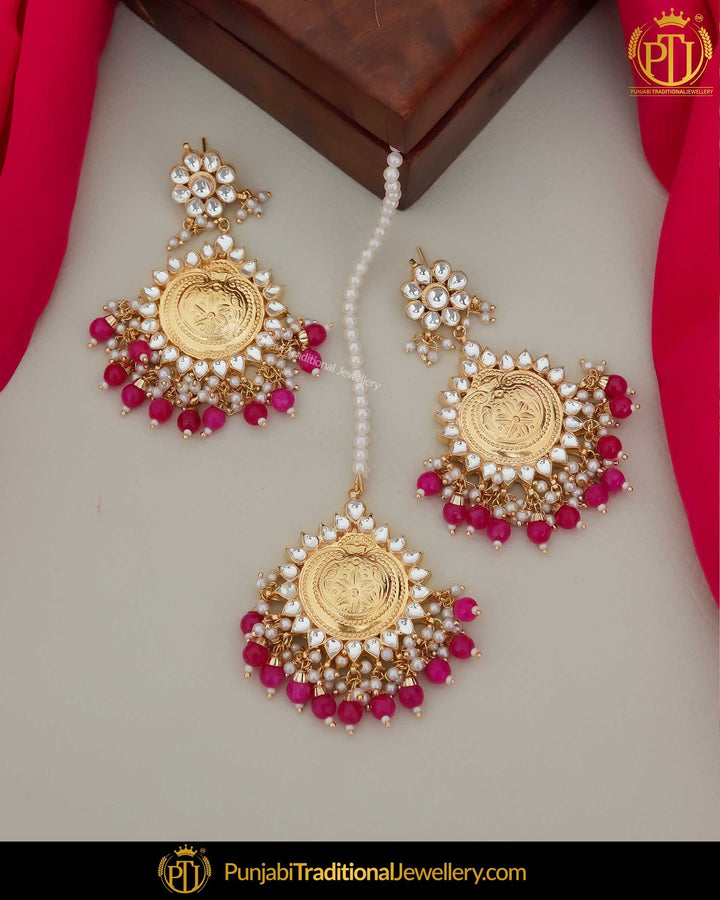 Gold Finished Pink Kundan Pearl Earring Tikka Set | Punjabi Traditional Jewellery Exclusive