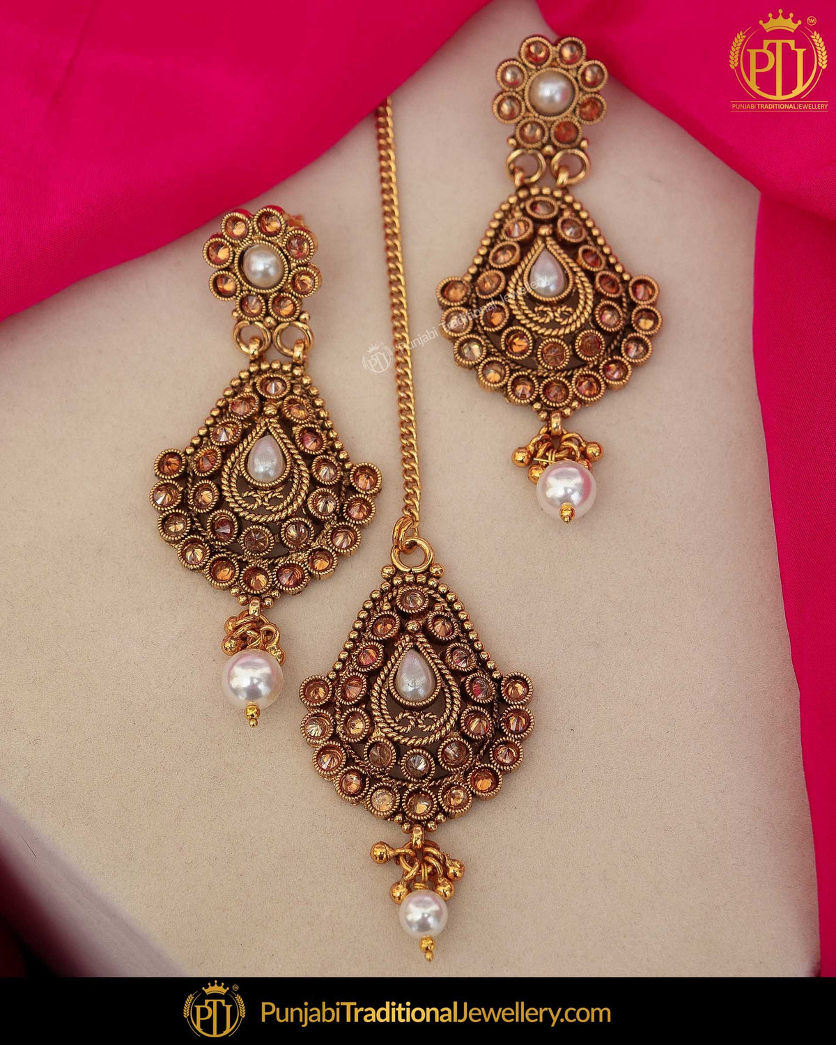Gold Finished Polki Stone Pearl Earring Tikka Set | Punjabi Traditional Jewellery Exclusive