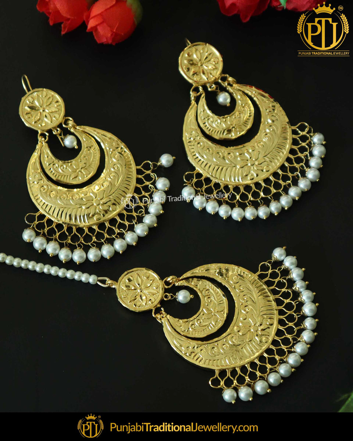 Gold FinishedPerl Earring Tikka Set | Punjabi Traditional Jewellery Exclusive