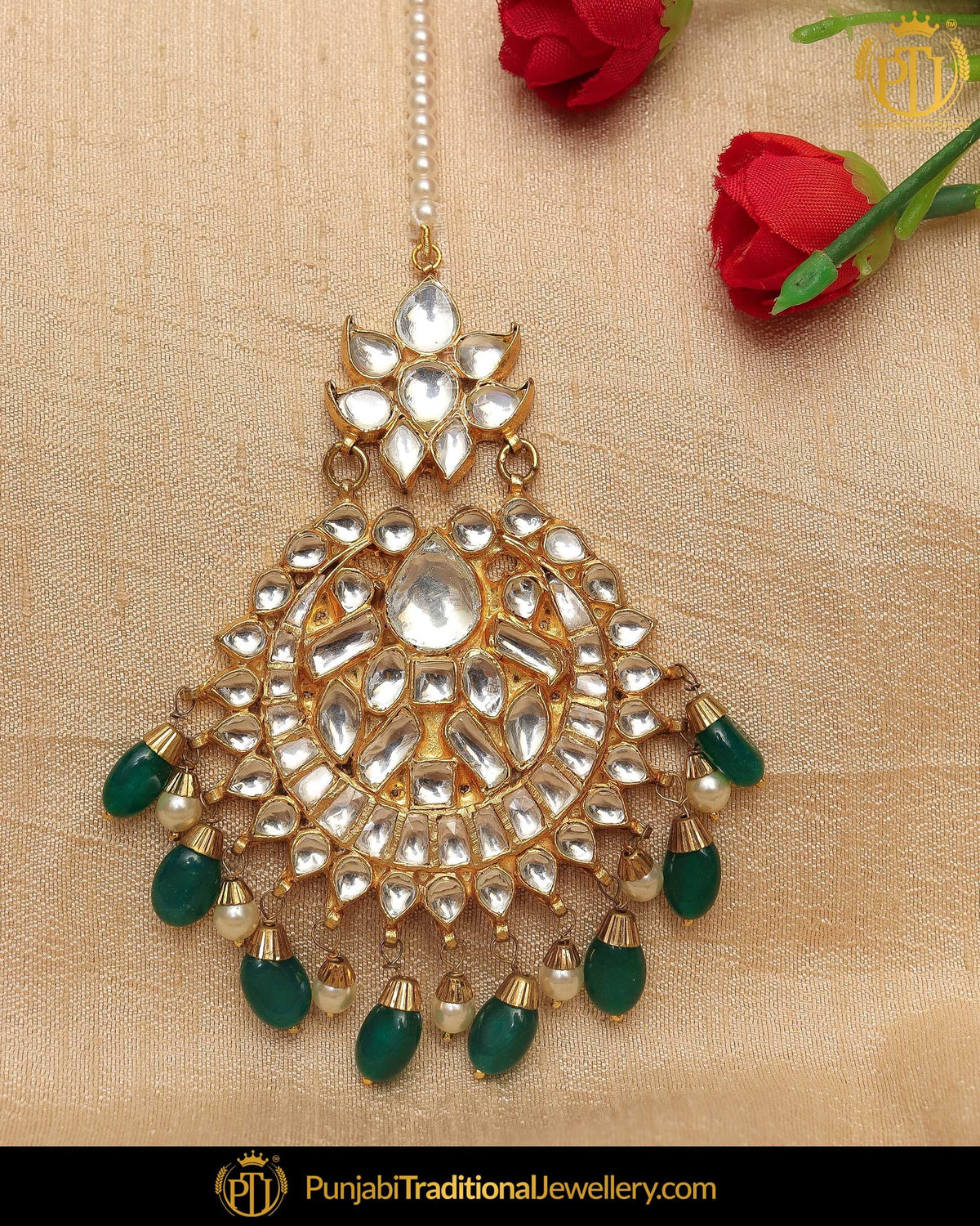 Gold Finished Emerald Kundan Pearl Tikka | Punjabi Traditional Jewellery Exclusive