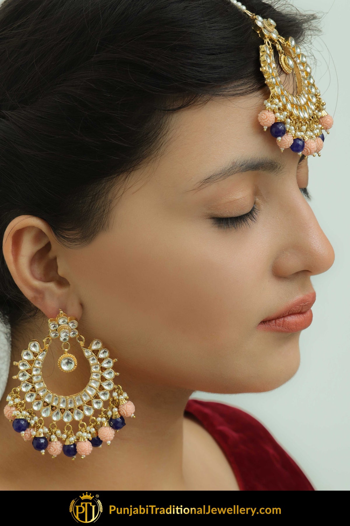 Fikriya Gold Finished Blue Pink Kundan Earring Tikka Set | Punjabi Traditional Jewellery Exclusive
