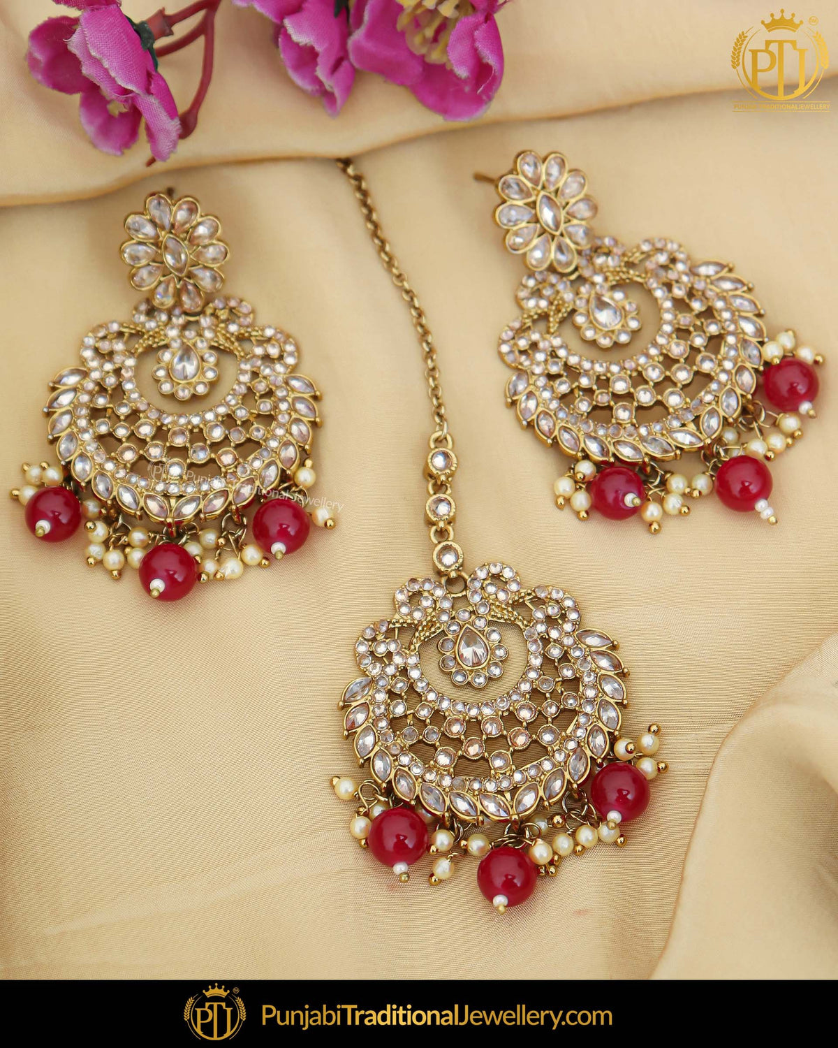 Antique Gold Finished Pearl Rubby Champagne Stone Earring Tikka Set | Punjabi Traditional Jewellery Exclusive