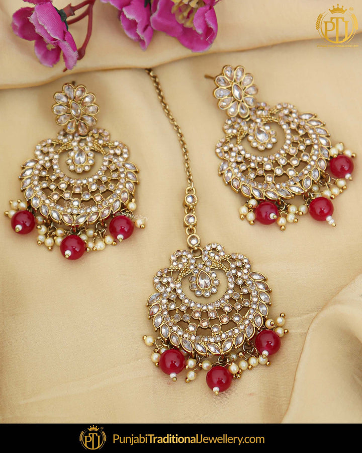 Antique Gold Finished Pearl Rubby Champagne Stone Earring Tikka Set | Punjabi Traditional Jewellery Exclusive