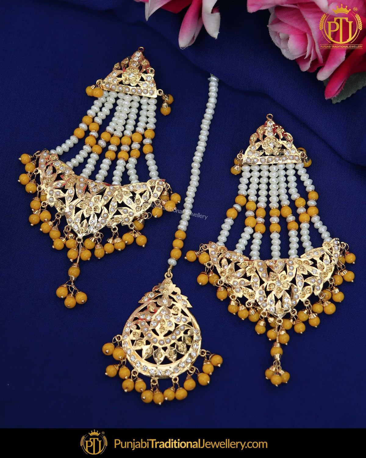 Gold Finished Yellow Jadau Pearl Earring Tikka Set | Punjabi Traditional Jewellery Exclusive