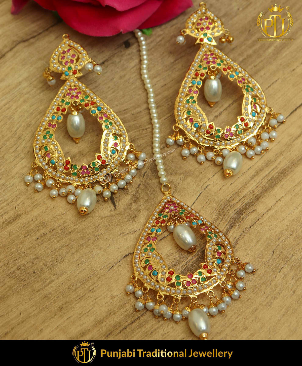 Gold Finished Red Green Jadau Earrings With Tikka | Punjabi Traditional Jewellery Exclusive