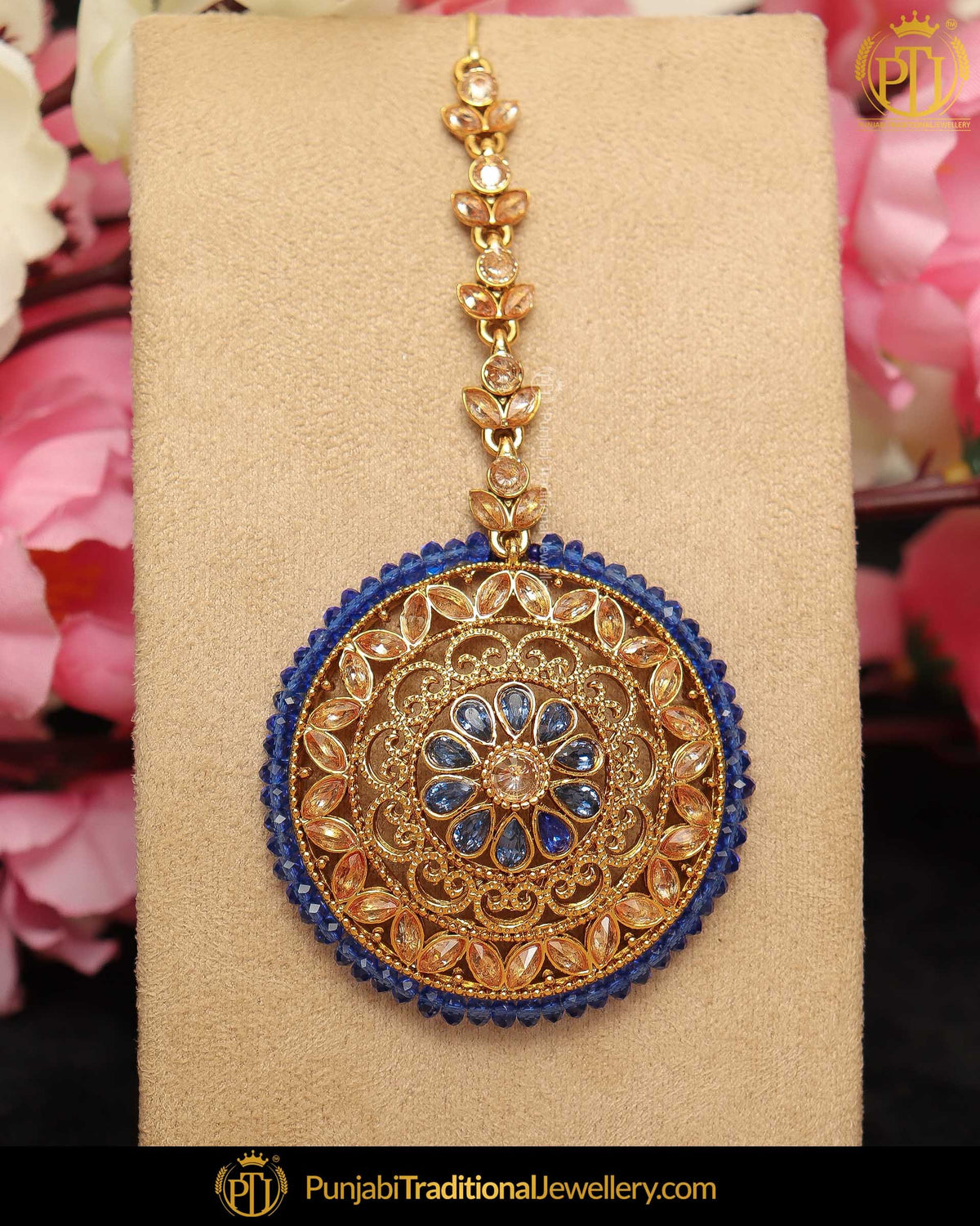 Gold Finished Blue Champagne Stone Tikka | Punjabi Traditional Jewellery Exclusive