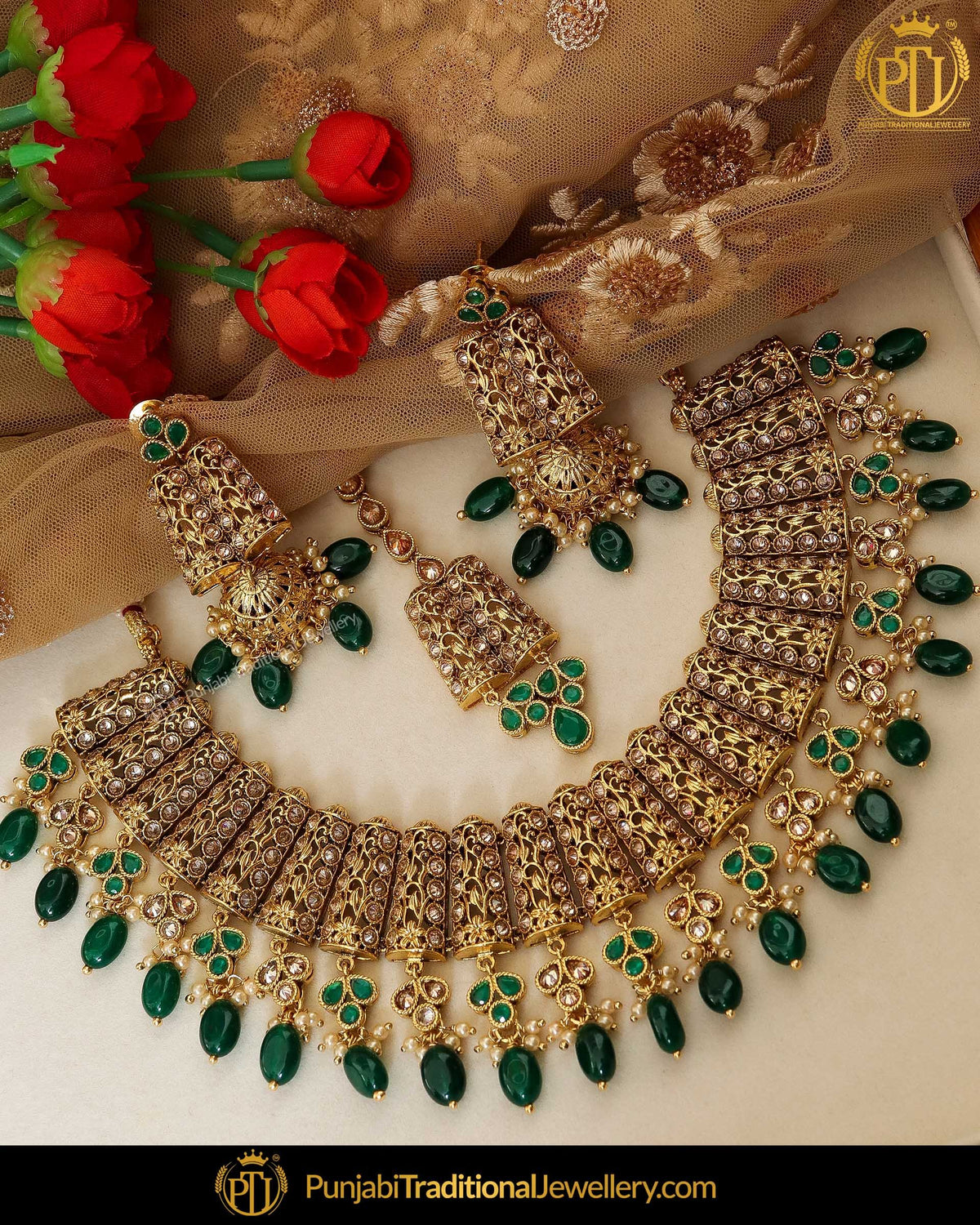 Antique Gold Finished Emerald Chamapgne Stone Necklace Set | Punjabi Traditional Jewellery Exclusive