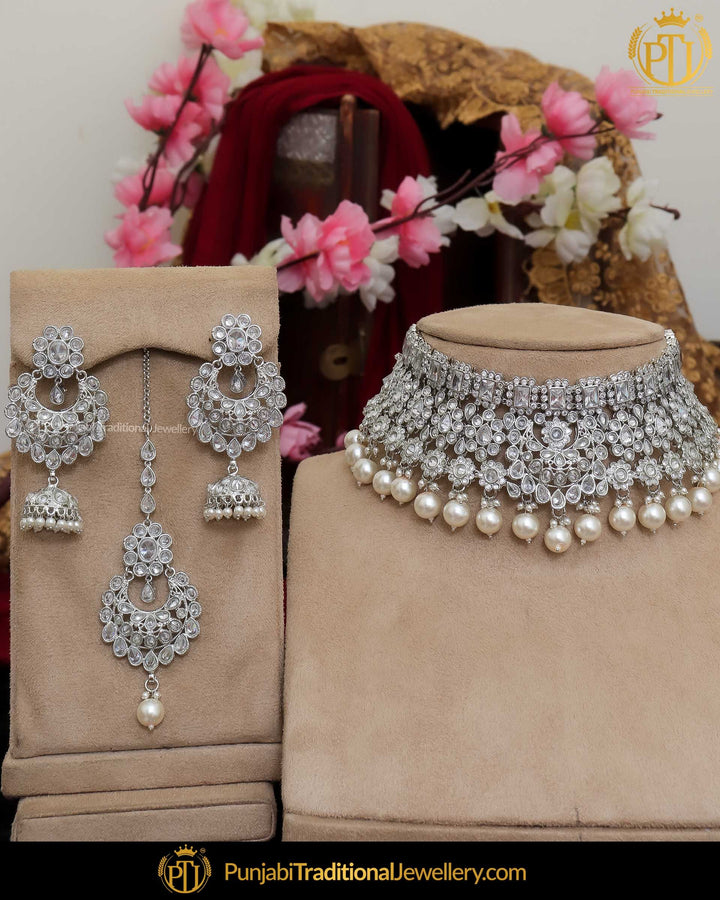 Silver Finished Polki Choker Necklace Set | Punjabi Traditional Jewellery Exclusive