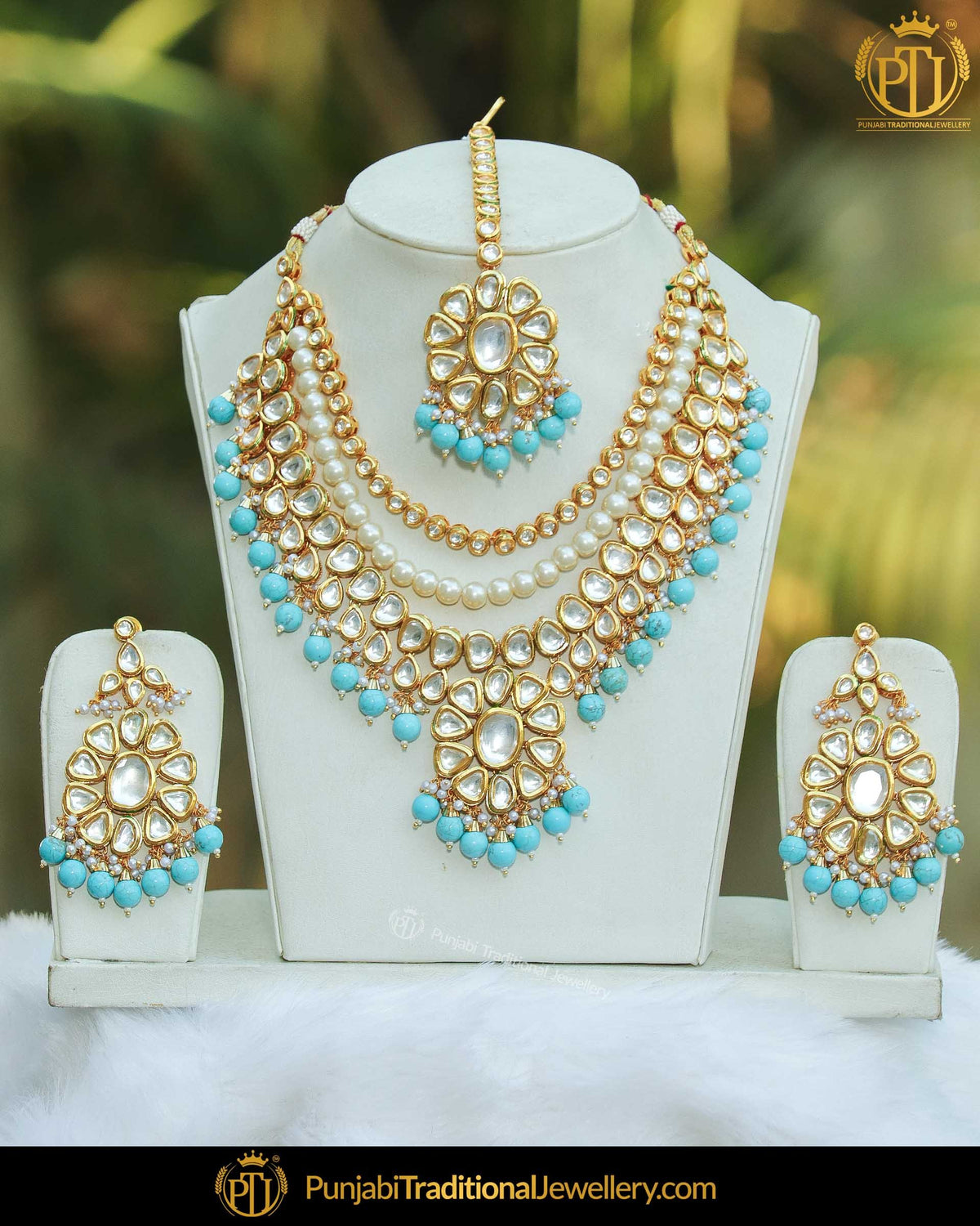 Gold Finished Firozi Pearl Kundan Bridal Choker Necklace Set | Punjabi Traditional Jewellery Exclusive