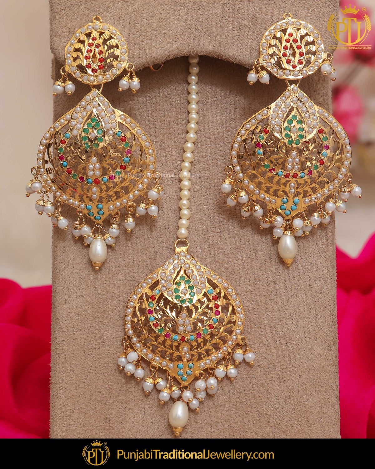 Gold Finished Jadau Multi Earring Tikka Set | Punjabi Traditional Jewellery Exclusive