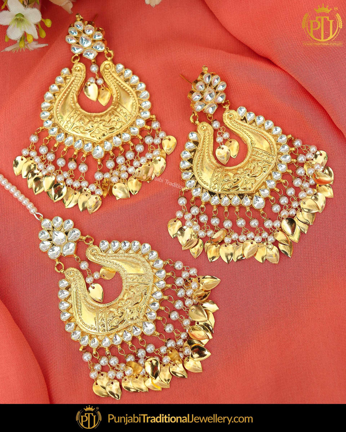 Gold Finished Pippal Patti Kundan Pearl Earring Tikka Set | Punjabi Traditional Jewellery Exclusive