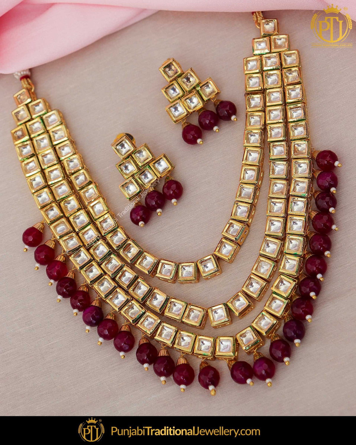 Gold Finished Maroon Pearl Kundan Necklace Set | Punjabi Traditional Jewellery Exclusive
