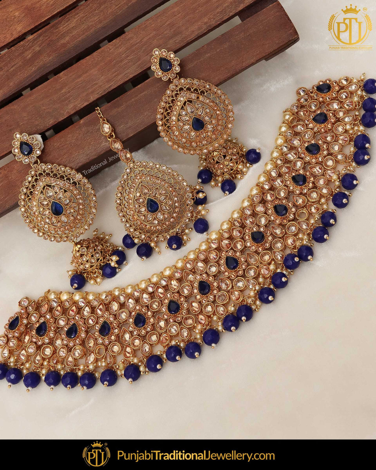 Gold Finished Blue Champagne Stone Pearl Choker Necklace Set  | Punjabi Traditional Jewellery Exclusive