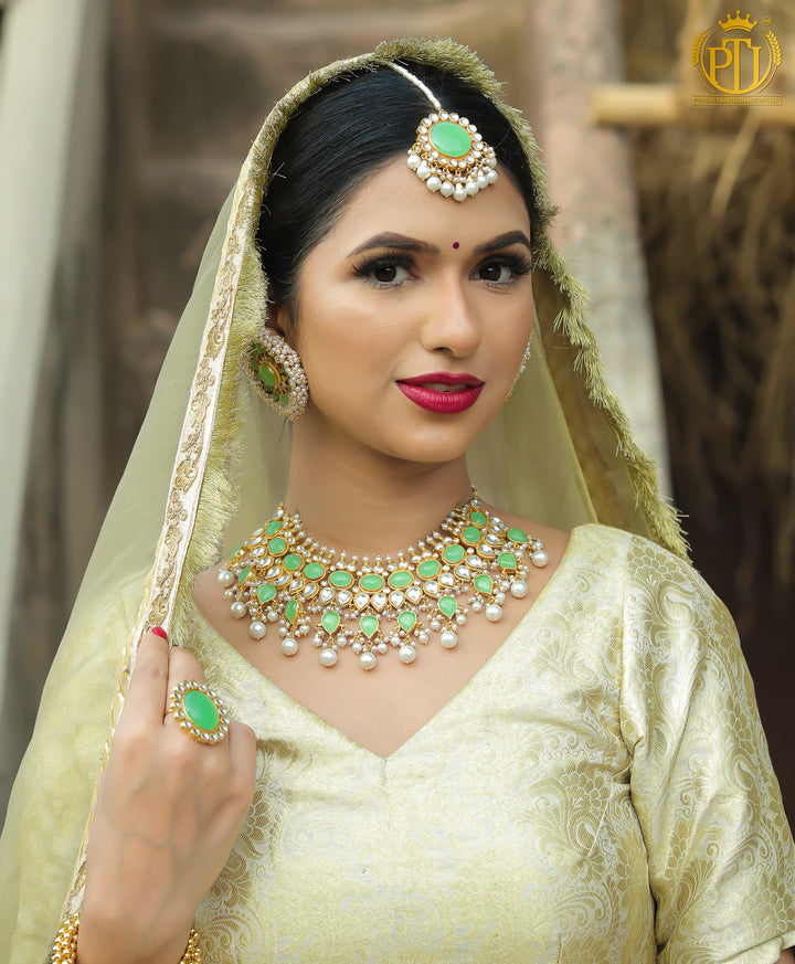New Jade Pearl Stud Earring Tikka Set  | Rawayat by Punjabi Traditional Jewellery