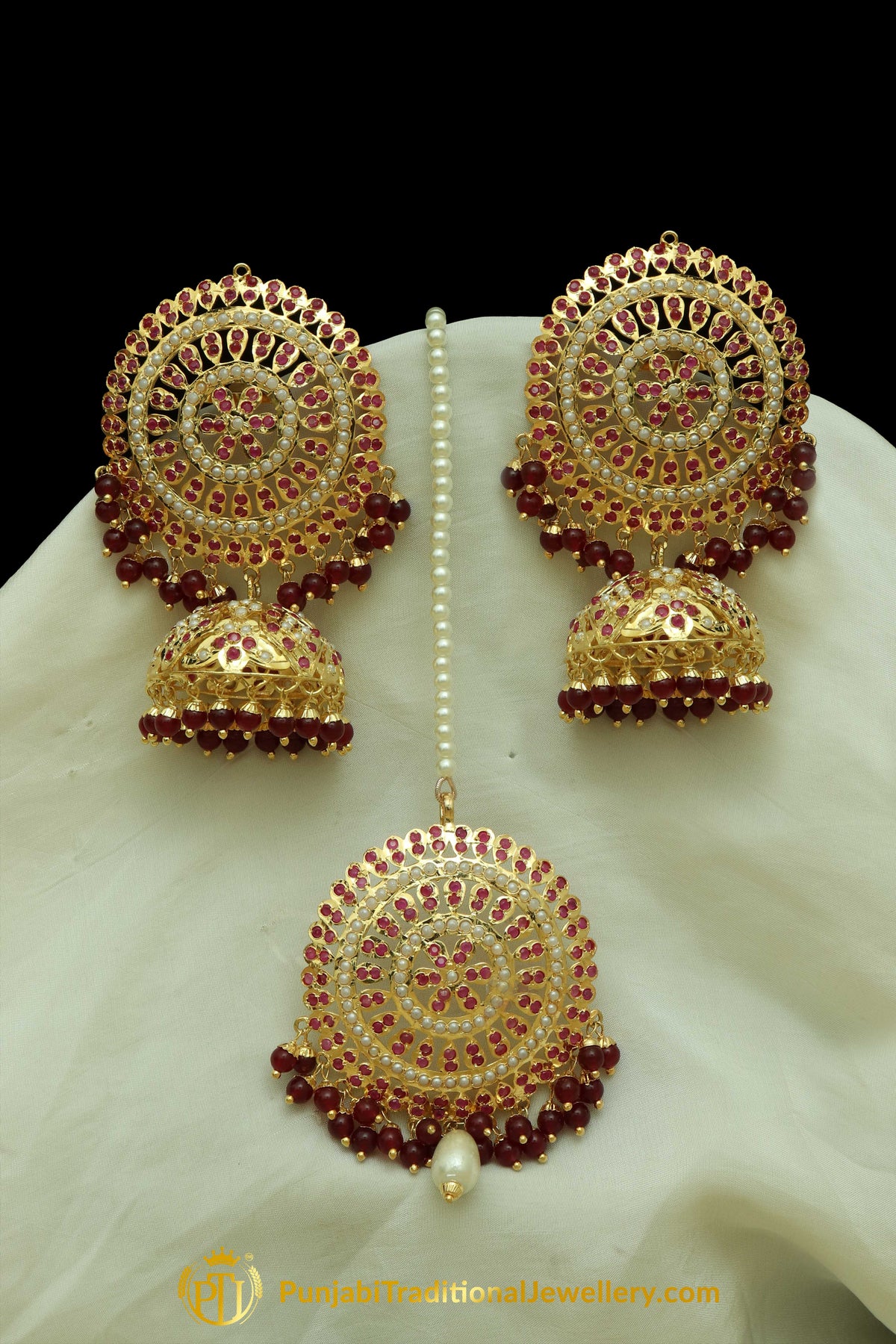 Hafeezah Gold Finished Rubby Jadau Earrings With Tikka | Punjabi Traditional Jewellery Exclusive