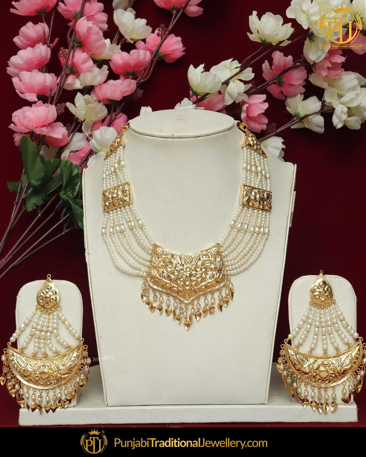 Gold Finished Pippal Patti Pearl Patra Necklace Set | Punjabi Traditional Jewellery Exclusive